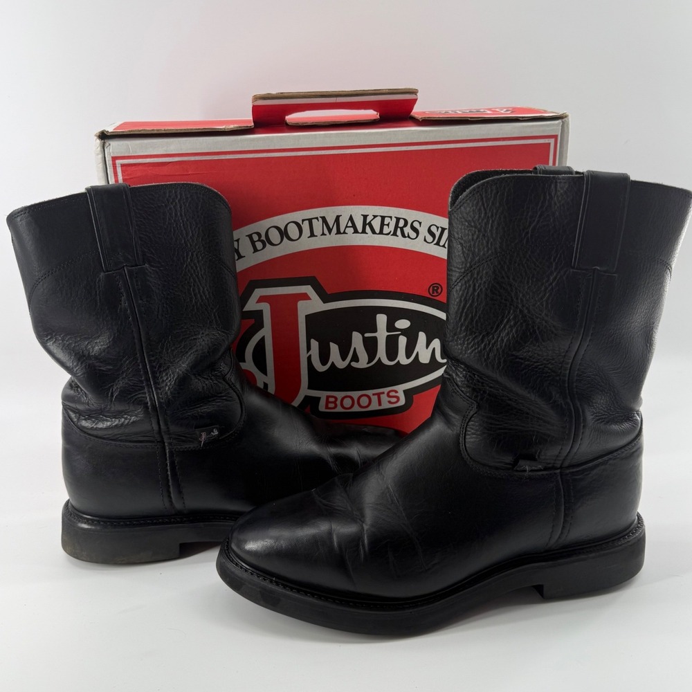Vtg Justin‎ Conductor Boots 10.5 D Black Leather USA Made Western Roper EH Rated